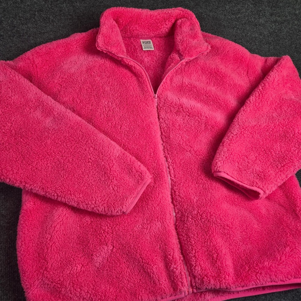 PINK Victoria's Secret Jacket Womens XL Hot Pink Sherpa Fleece Full Zip Cozy
